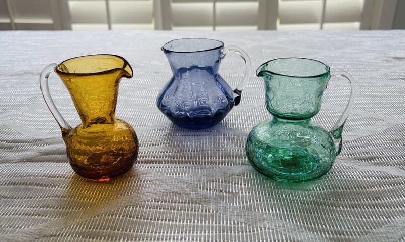 Lot of 3 Vintage Mini Crackle Art Glass Pitchers 3.5" Tall Ea Pontil Hand-Blown