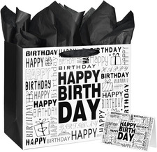 13" Large Black and White Happy Birthday Gift Bag with Tissue Paper and Card for