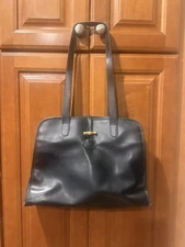 Longchamp Roseau Black Double Handle Leather Handbag Tote Purse Gold Toggle