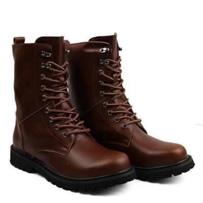 Men's Faux Leather Mid Calf Boots Shoes Biker Motorcycle Lace Up High Tops Shoes
