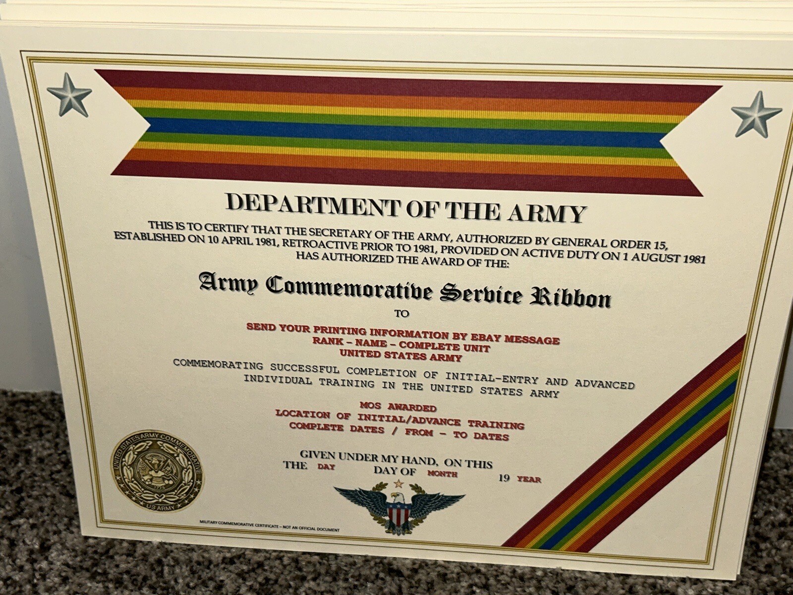U.S. ARMY SERVICE RIBBON COMMEMORATIVE CERTIFICATE ~ W/PRINTING TYPE-1 ...