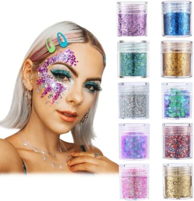 10er Pack Gesicht Glitzer klobige Sechsecke holografisch Kosmetik Festival Nägel zum Selbermachen NEU