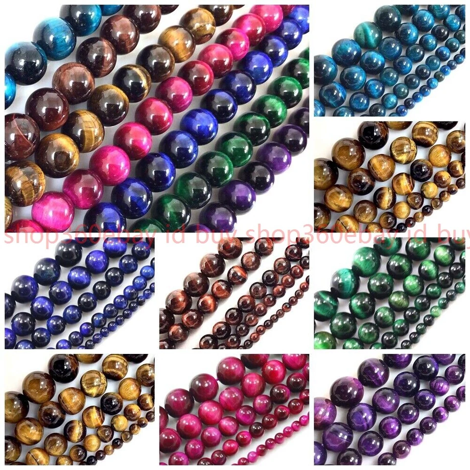 10 Color Tiger Eye Round Loose Beads 15" 4 6mm 8 10 12 16 18 Gold Pink Red Blue - Image 3 of 4