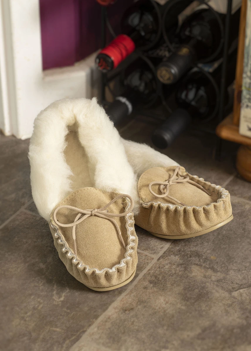 Women s UK Made Suede Lambswool Moccasin Slippers Hard Sole Moccasins Women