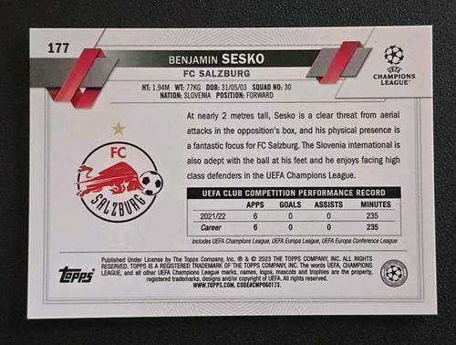 2022-23 Topps UCC Chrome #177 BENJAMIN SESKO Black & White Raywave Salzburg - Picture 2 of 2