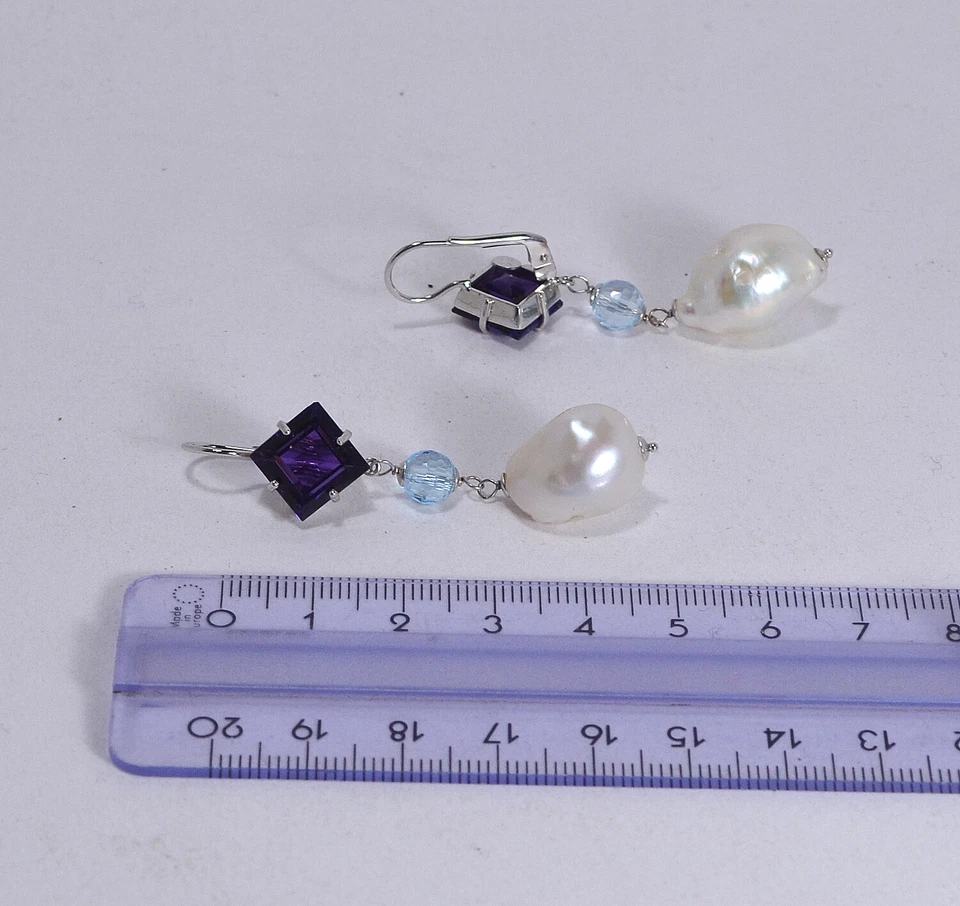 Pendientes Oro Blanco 18Kt Amatista Itinerarios Perlas Topaz Pájaro Azul / Obht - Imagen 3 de 3