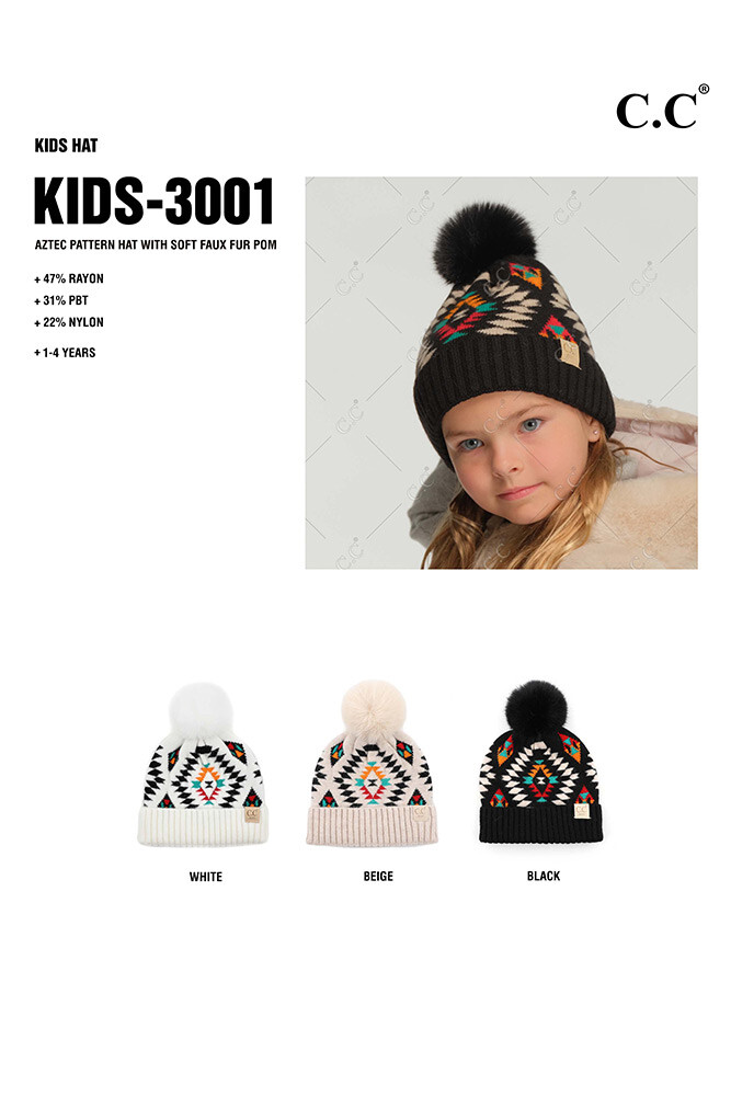 C.C Aztec Pattern Hat With Soft Faux Fur Pom, Black Aztec Beanie With Faux Fur Pom - C.C Winter Hat - Etsy main image 3