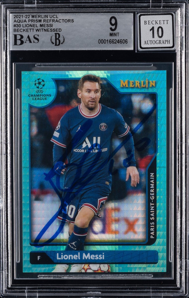 2021-22 Topps Merlin UCL Lionel Messi Aqua Prism #30 BGS MINT 9
