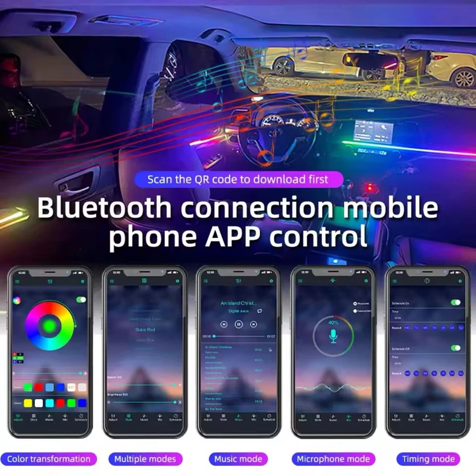 FIBRA OTTICA AUTO CAR AMBIENT LIGHT LUCI LED COMANDO APP 6 METRI INTERNI RGB 12V - Immagine 3 di 4