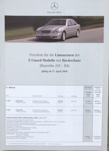 Mercedes E-Klasse Guard Limousine W210 Preisliste price list von 4/2000 (RB)