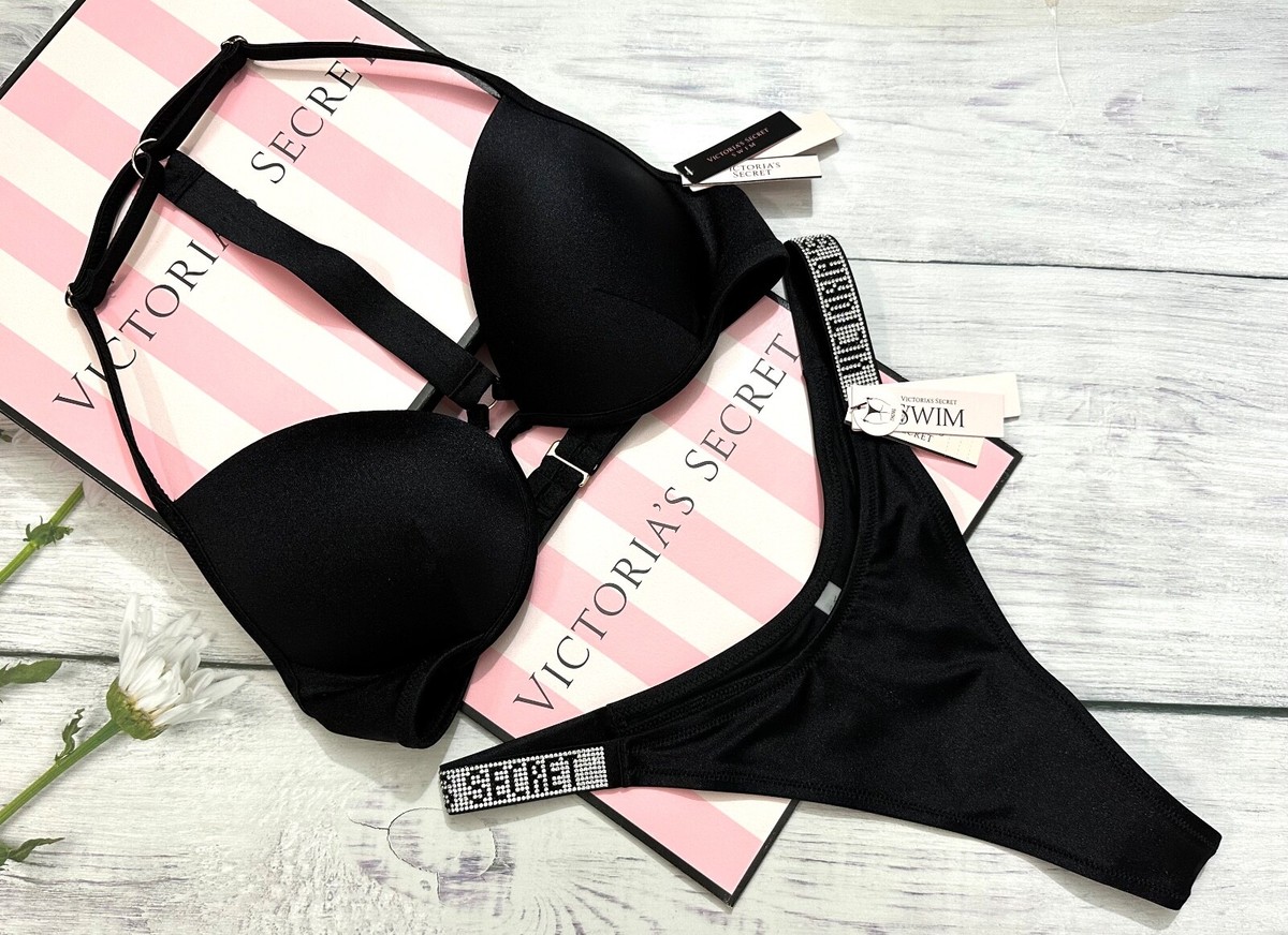 Victorias Secret Shine Cinturino Favoloso Push Up Top Tanga Set da Nuoto  Nero | eBay