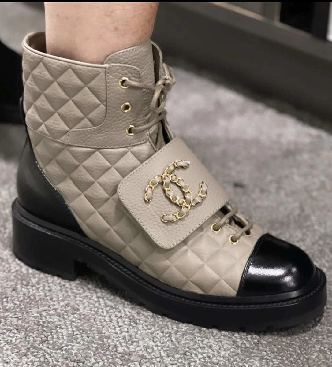 CHANEL CC Black Brave Leather Combat motto quilted Boots