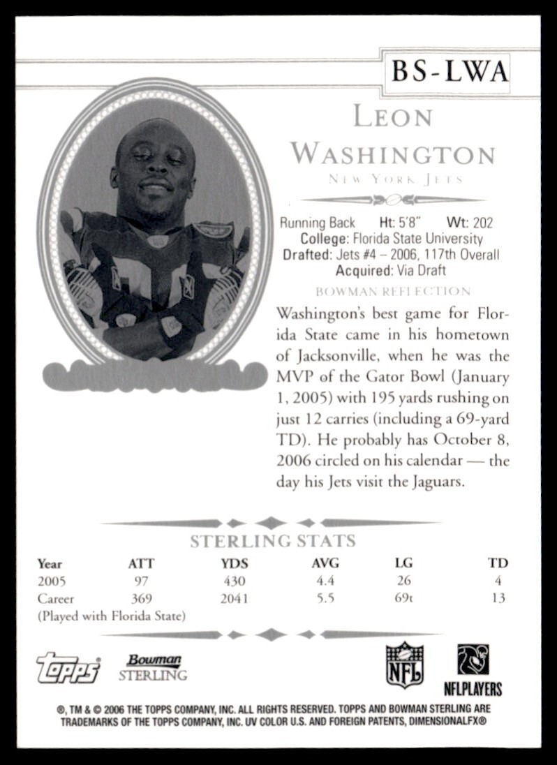 2006 Bowman Sterling Leon Washington Rookie New York Jets BSLWA eBay