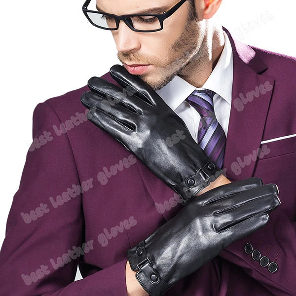 Men s Black Cycling Winter Warm Driving Genuine Leather Gloves For Men Fashion