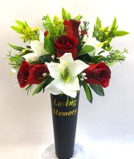 Artificial Flower Grave spike with Rose Lilies and greenery In loving memory