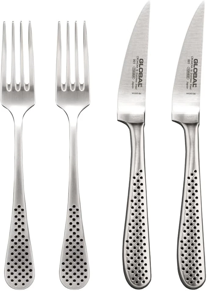 GLOBAL Steak Knife Fork Set All Stainless Steel Made in Japan (Set of 2)