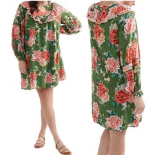 Farm Rio Anthropologie Elinor Tunic Dress Ruffles Long Sleeves Green Pink SMALL