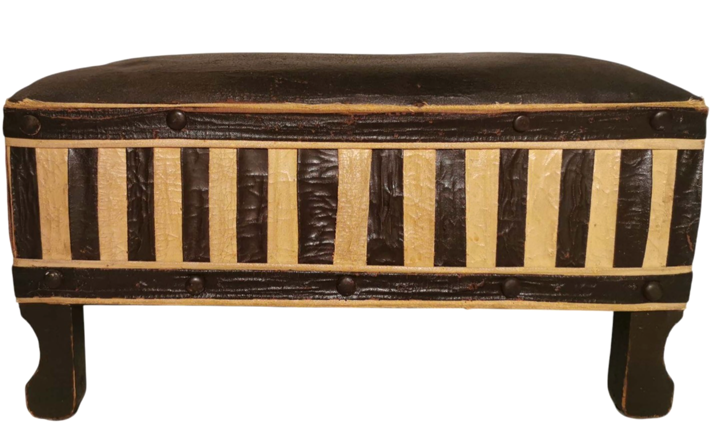 RARE LT 19TH-EARLY 20TH C LEATHER WRAPPED PINSTRIPED WOODEN FOOTSTOOL W/CUSHION