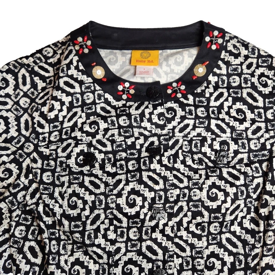 Ruby Rd Blouse Blazer Top Sz 6 Black White Red Beaded Button 3/4 Sleeve NWOT - Image 2 of 4