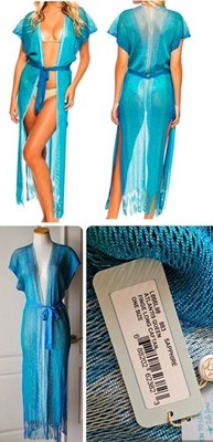 NEW Luli Fama One Size OS Atlantis Queen Long Blue Fringe Caftan Cover Up Dress