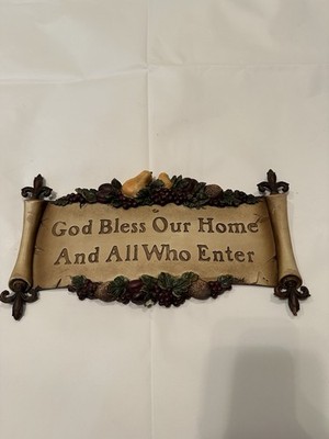 VTG Fruit Scroll Plaque 14x8  God Bless Our Home & All Who Enter Heavy 3lb Resin
