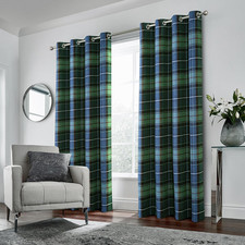 Plaid Woolen Look Curtains - Blue Green Tartan Window Panels 45x84 Inches