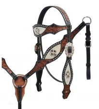 Leather Western Horse Headstall & Breast Collar Tack Set with Inlay & Studs