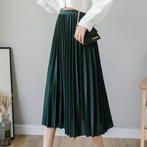 Women Soild Color Pleated Skirt Preppy Style Elastic Waist Midi A-line Skirt - 第 5/23 張圖片