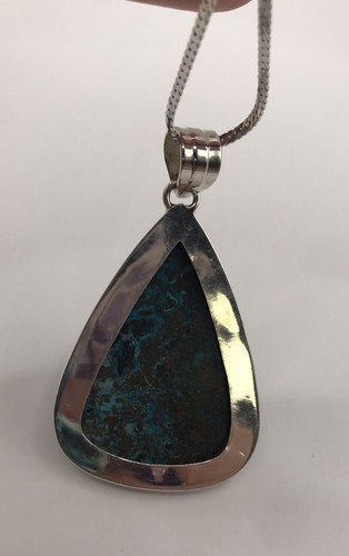 Chrysocolla Semiprecious Gemstone 2” Sterling Silver 925 Teardrop Pendant - Picture 6 of 8