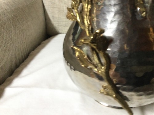 Hammered Metal Rounded Vase Pitcher with Gold Patina Flowers No Handle Unique! - Picture 21 of 21