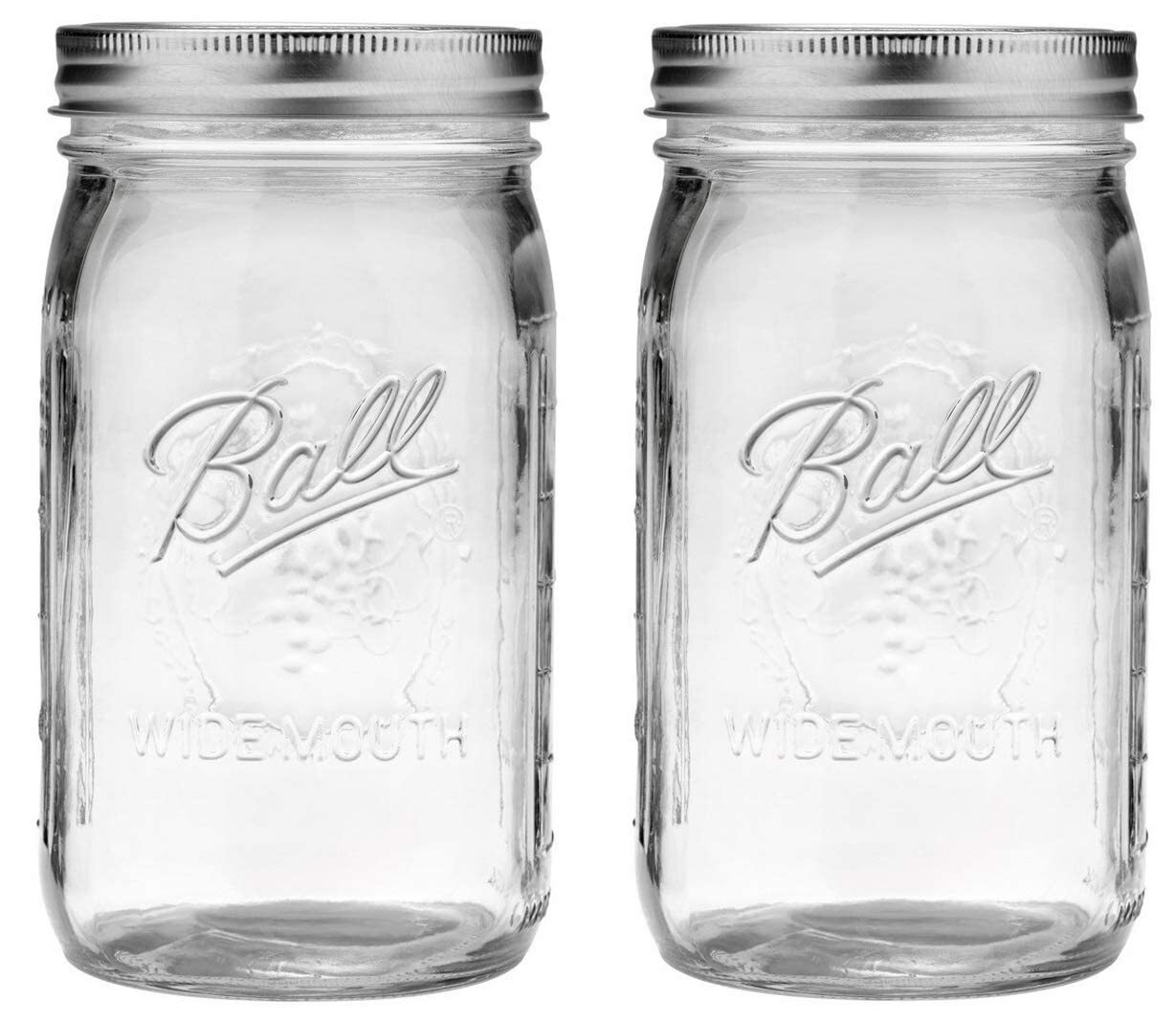 2 Mason Jar Wide Mouth 32 oz. (Quart) with Lid and Band Clear eBay