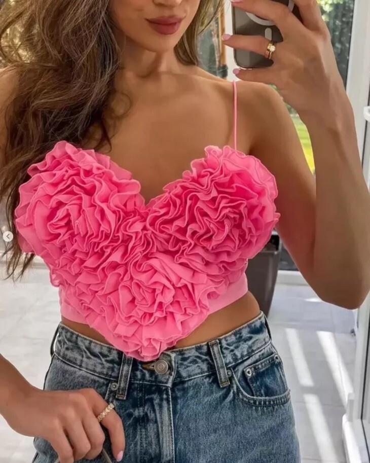 ZARA NWT WOMAN SS24 VOLUMINOUS HEART CROP TOP PINK | 7200