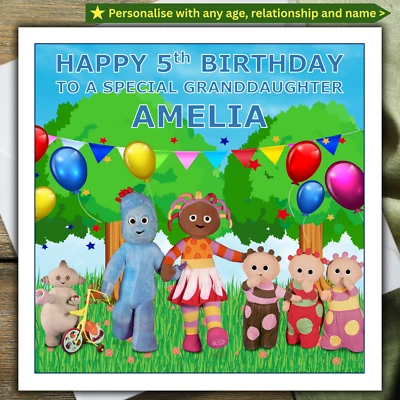 PEACHY IMPRESSIONS IN THE NIGHT GARDEN BIRTHDAY CARD personalised AGE RELATIONSHIP NAME