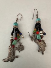 Vintage Peyote Bird Southwestern Sterling W/ Turquoise & Colored Beaded Earrings