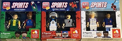 6 Block Tech Figures: 2 Football, 2 Baseball & 2 Soccer - All New in Boxes!