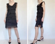 Black ruffle dress Silk tiered dress Flapper style Ragged Frill 