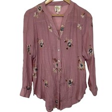 Fig  Flower Pink Blouse S Floral Embroidered Roll Tab V Neck Button Front
