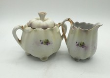 Vintage Germany Porcelain Cream and Sugar Set 3 Pieces Violet Floral Gold Trim