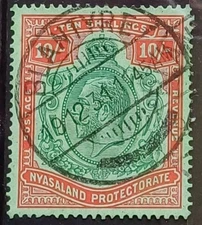 NYASALAND 1921-33 10/- GREEN & RED/PALE EMERALD SG113 FINE USED