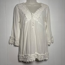 Top túnica Roper blanco boho crochet encaje talla M cuello atado costa occidental
