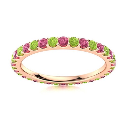 Full Eternity Round Peridot & Pink Topaz 925 Sterling Silver Rose Plated Ring