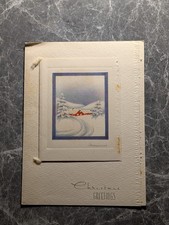 Christmas Card Vintage Snowy Creek Cabin Holly Foil Trim Mid-Century Holiday