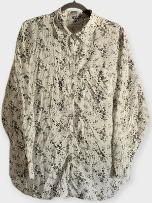 Covington Floral Button Up Shirt Womens Large White Black Long Sleeve Top