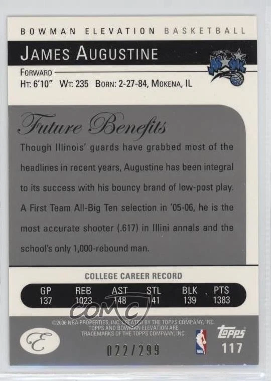 2006-07 Bowman Elevation Rookie Red /299 James Augustine #117 Rookie RC - Image 2 of 2