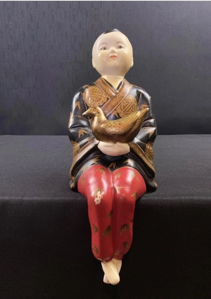 Japanese Vintage Sitting Boy Figurine with Bird – Hand Painted Kimono Robe 12” - Image 2 of 4