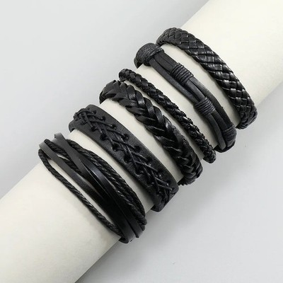 Vintage Braided Leather Bracelet Set 6PCS Adjustable Stackable Wristbands Men