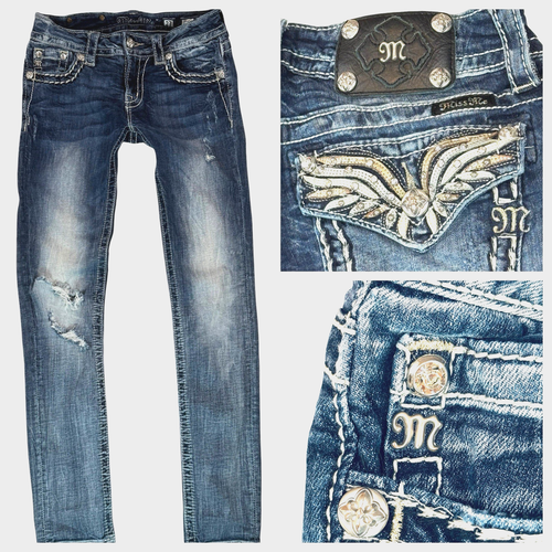 Miss Me Signature Skinny Low Rise Jeweled Pocket Embellished Jeans Size 27 Bling