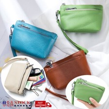 Genuine Leather Women's Coin Wallet Double Zipper Change Card Purse Wristlet Bag