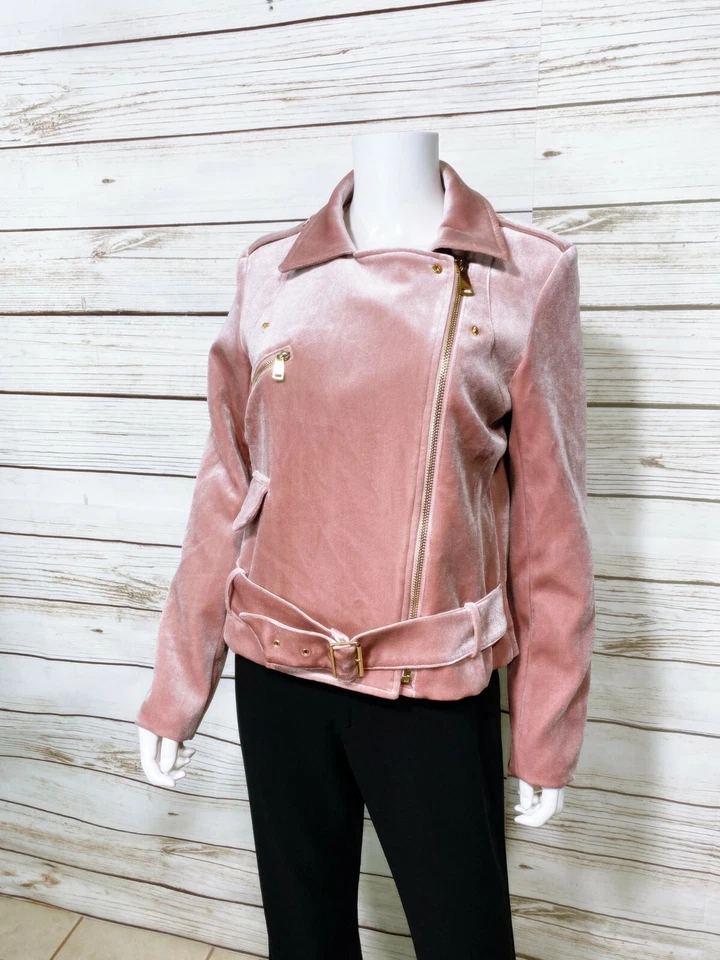 Chaqueta de terciopelo Eight Paris para mujer S rosa cremallera completa cinturón cremallera bolsillos manga larga Foto 3 de 4