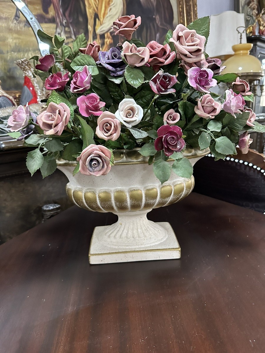 Porzellan Stielrose, Rosenblüte mit Stiel 40 Stück Mit Vase Kübel Italy Sammler